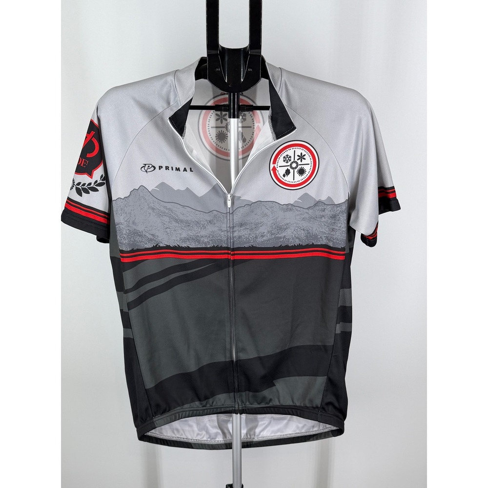 Primal Wear Mens Cycling Jersey Large Gray Black Red Mountain Graphic Full Zip